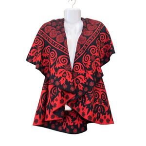 Charlie Paige Women's Red/Black Folkloric Soft Reversible Cape Poncho Sweater OS